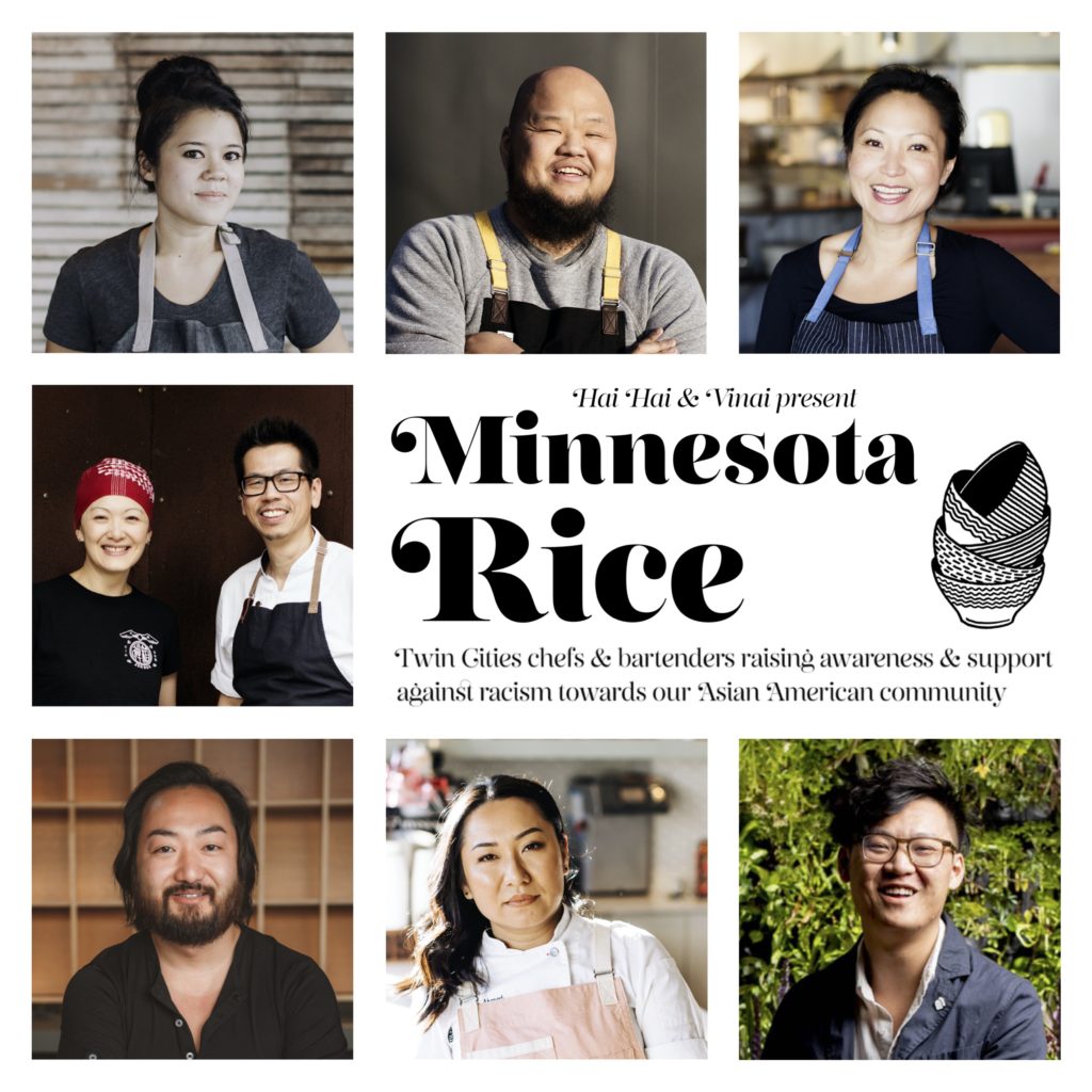 Title graphic of eight Twin Cities chefs. The title image in the center is of a black and white logo that reads "Hai Hai & Vinai present Minnesota Rice logo with" next to a graphic of five stacked rice bowls.