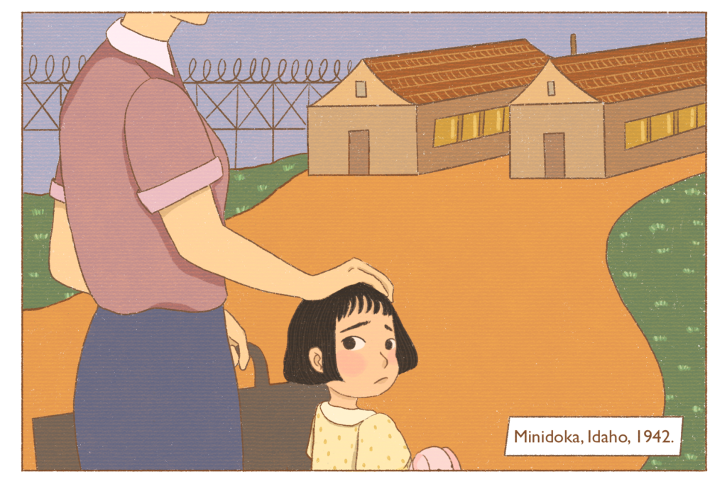 Image: A young girl and her mother enter an incarceration camp. There are brown barracks and barbed wire fence in the distance.