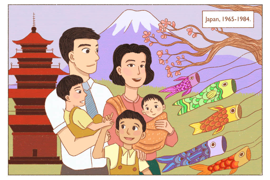 Text: Japan 1965-1984. Image: An Asian family in Japan. There is a father wearing a tie and white button up shirt. A mother with an orange shirt. Three boys. Mt Fuji is in the background, along with a traditional Japanese temple and koi fish flags.